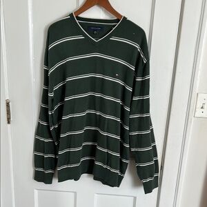 Tommy Hilfiger Green and White V-Neck Sweater